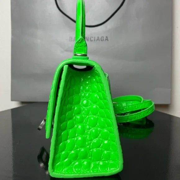 Balenciaga Neon Green Hourglass XS Croc-Embossed Top Handle Bag - Picture 4 of 9